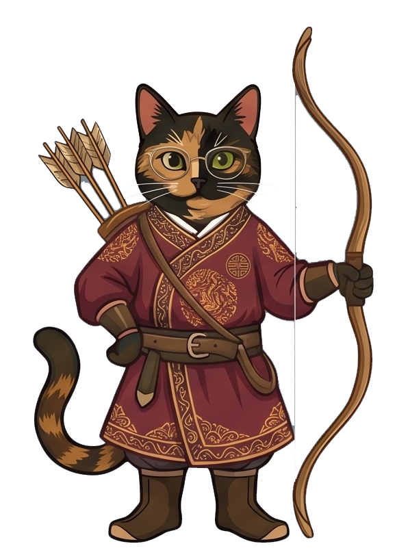 穿著傳統服飾手持長弓的玳瑁貓插畫