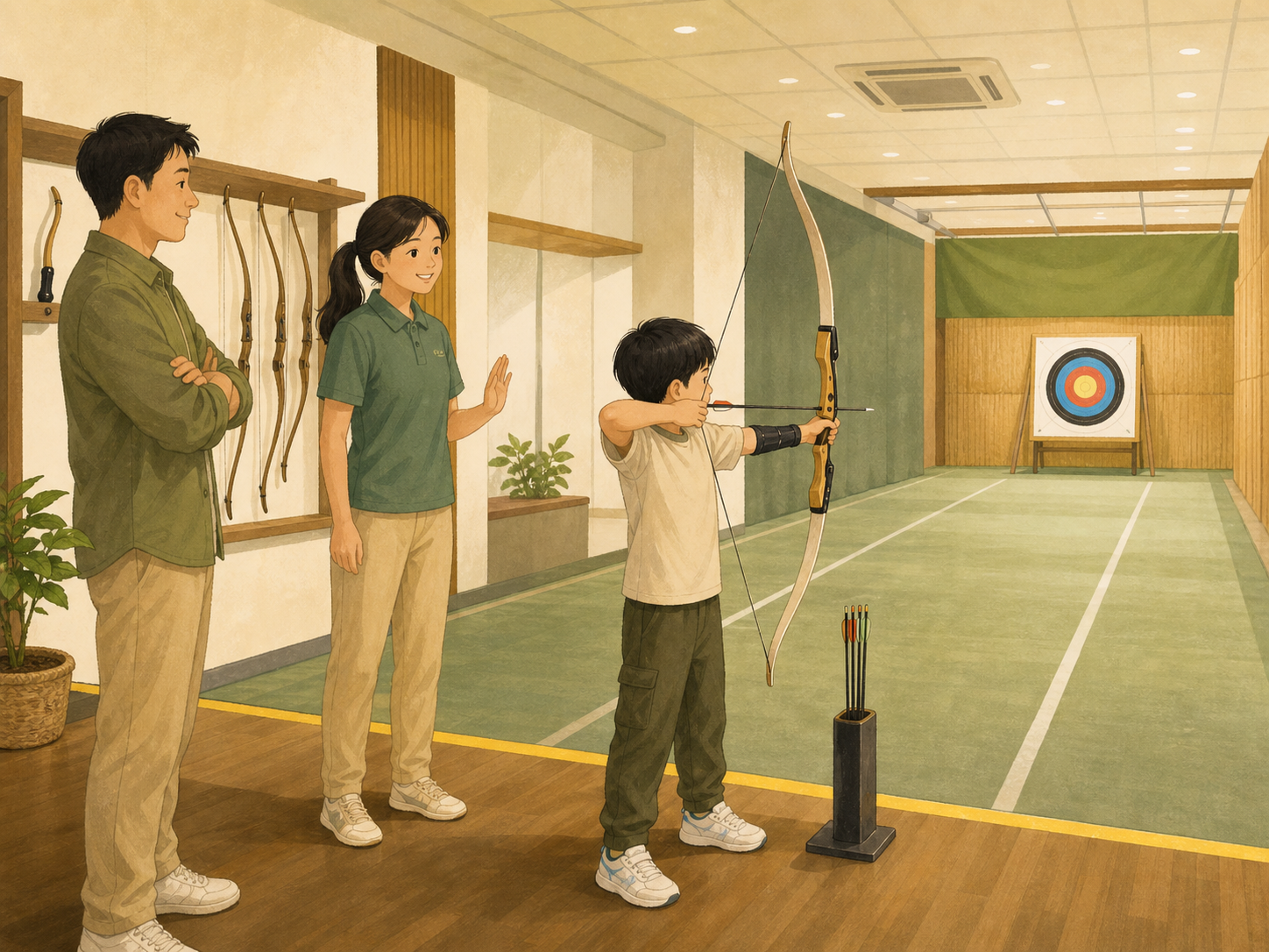 孩子在安全射線上專注瞄準，家長在後方陪伴等待