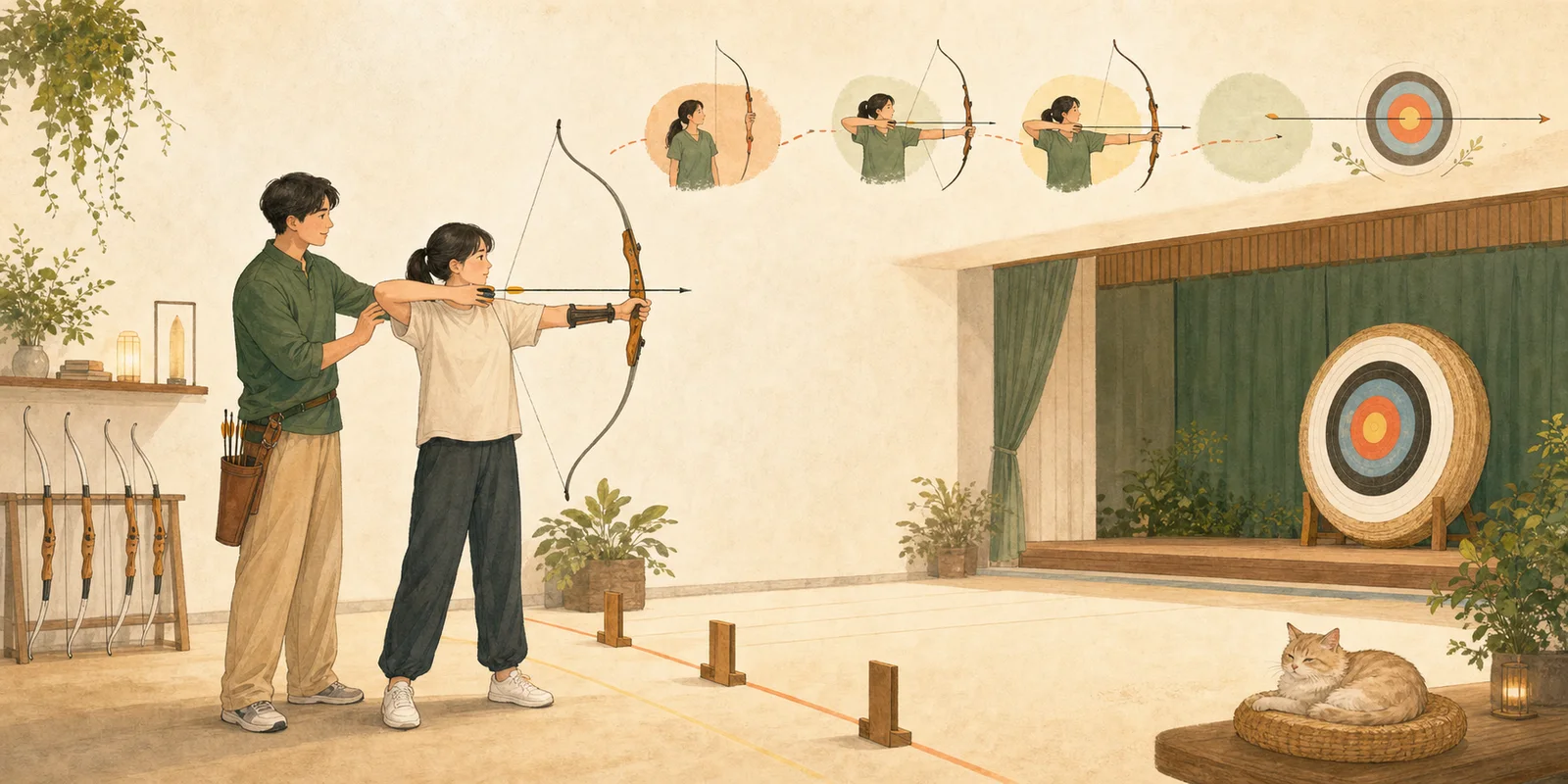AI 插畫：教練依新手狀態逐步帶領安全射箭學習