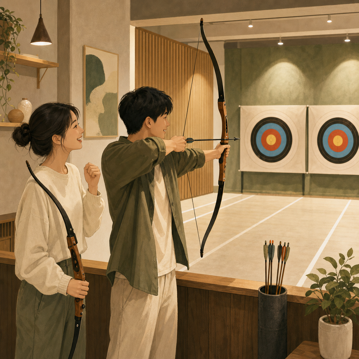 插畫：兩位朋友互相鼓勵並輪流挑戰射箭