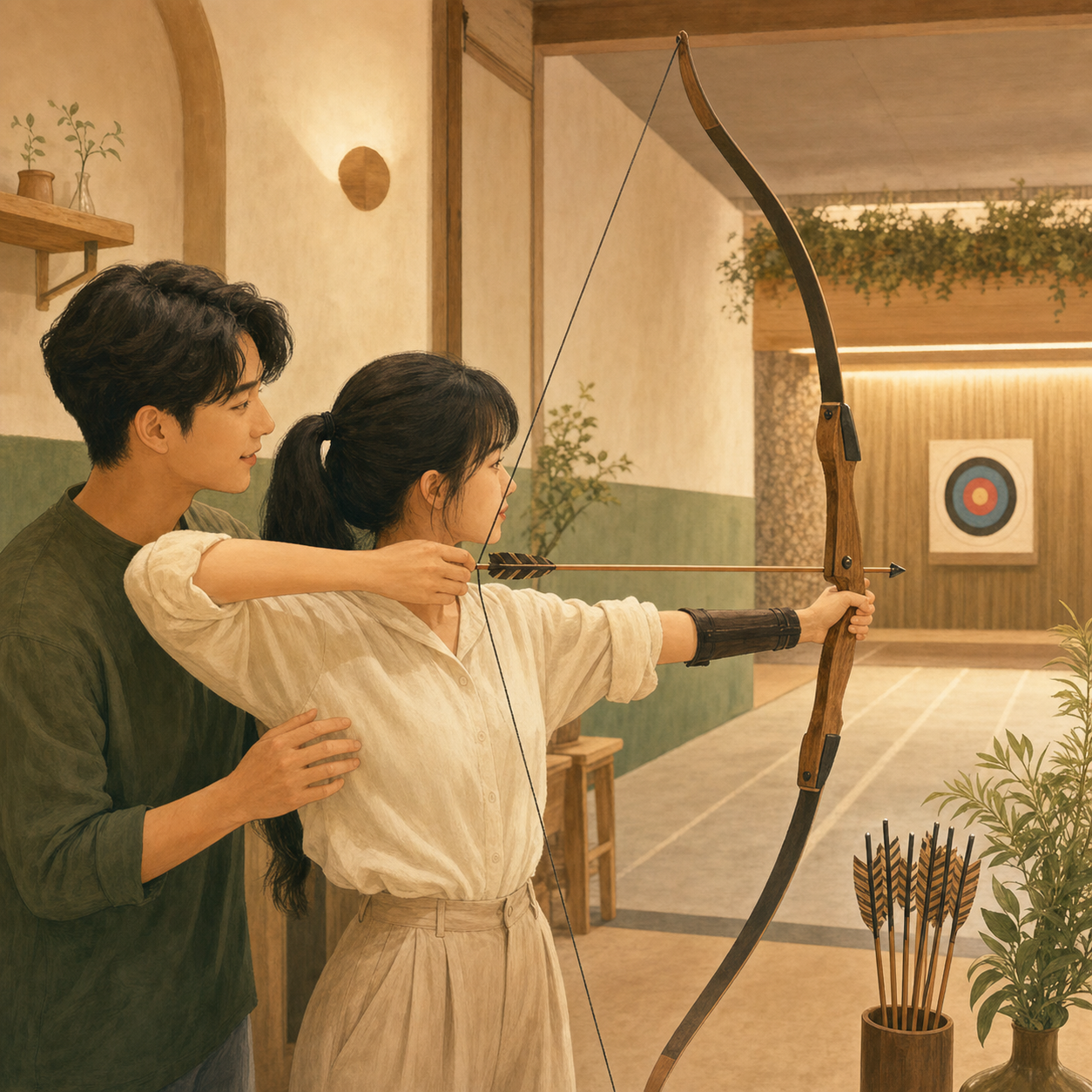 插畫：第一次接觸射箭，由教練在旁安全帶領