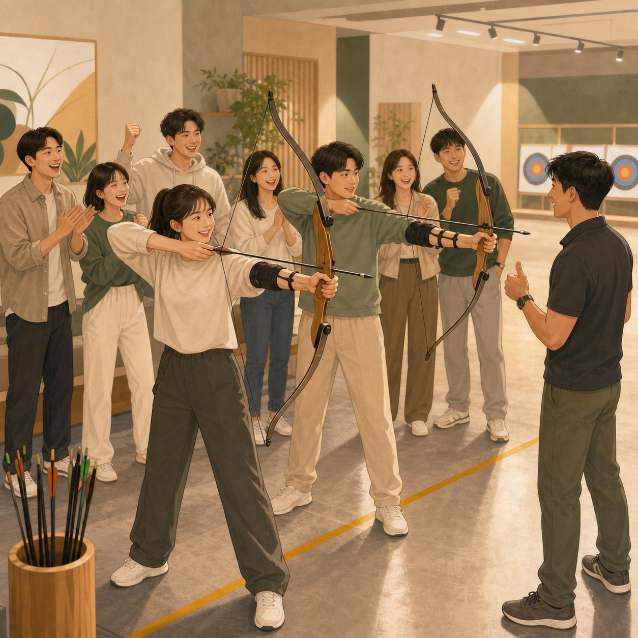插畫：八人團隊在教練帶領下進行射箭團康