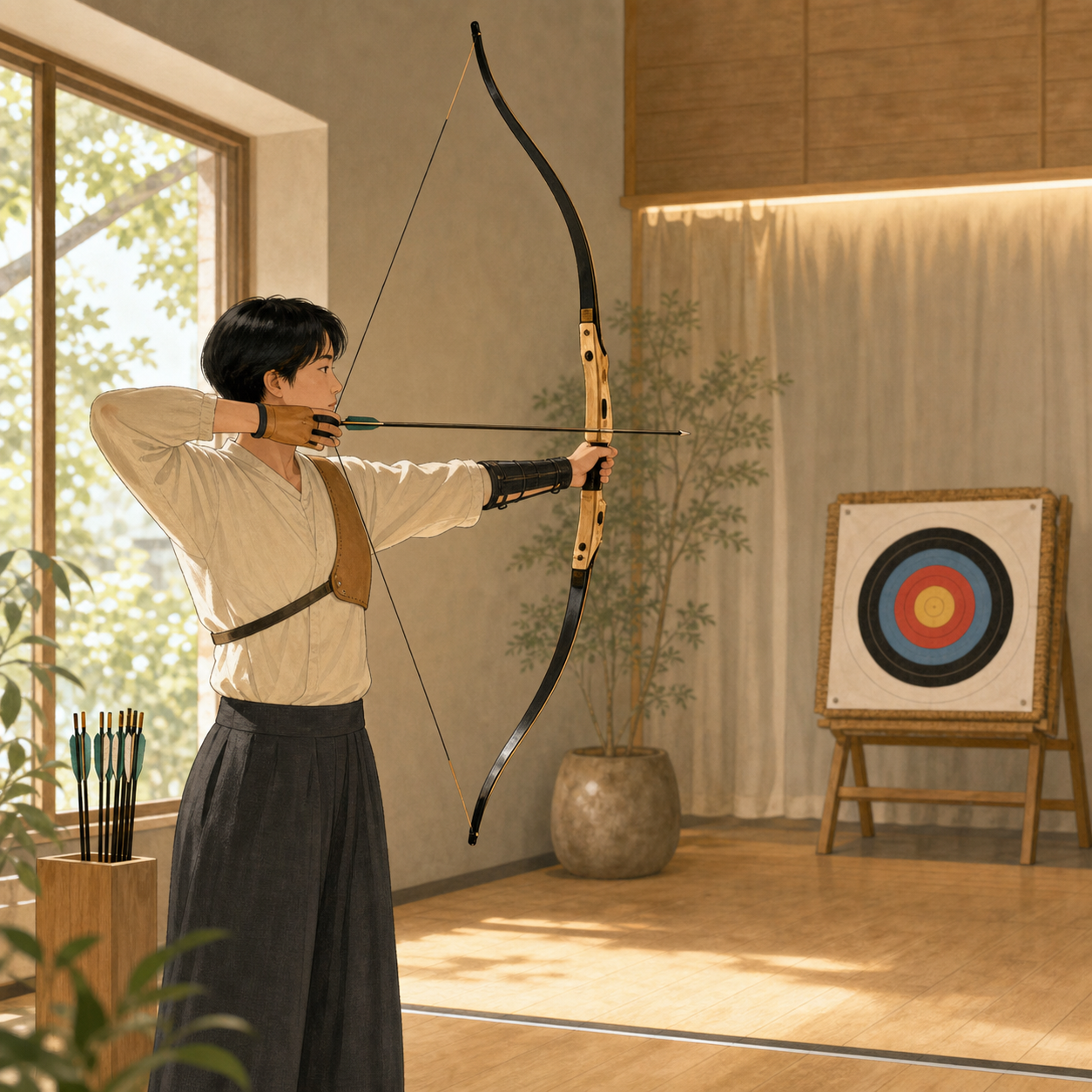 插畫：一個人在室內射道專注練習