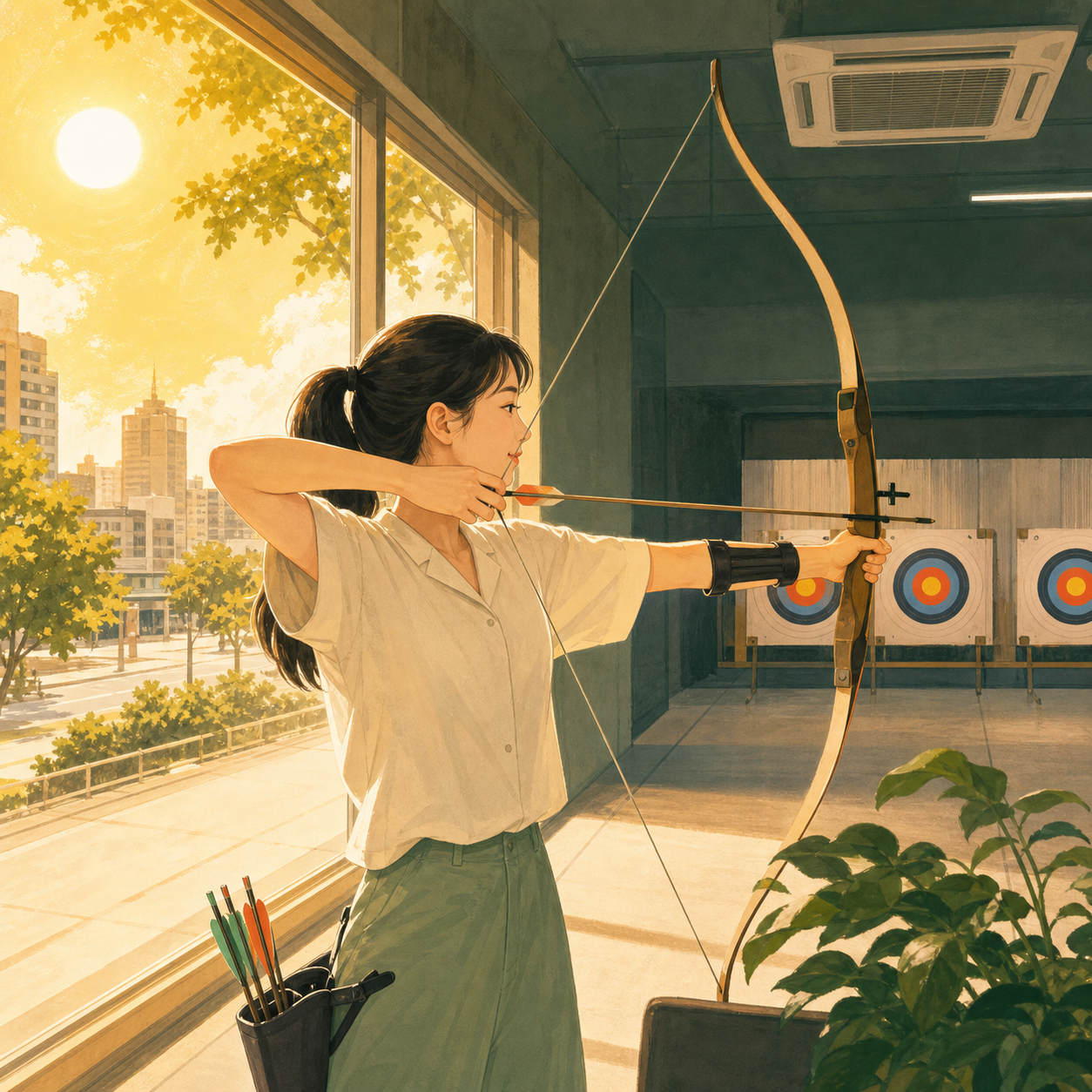 插畫：炎熱晴天在冷氣室內射箭避暑