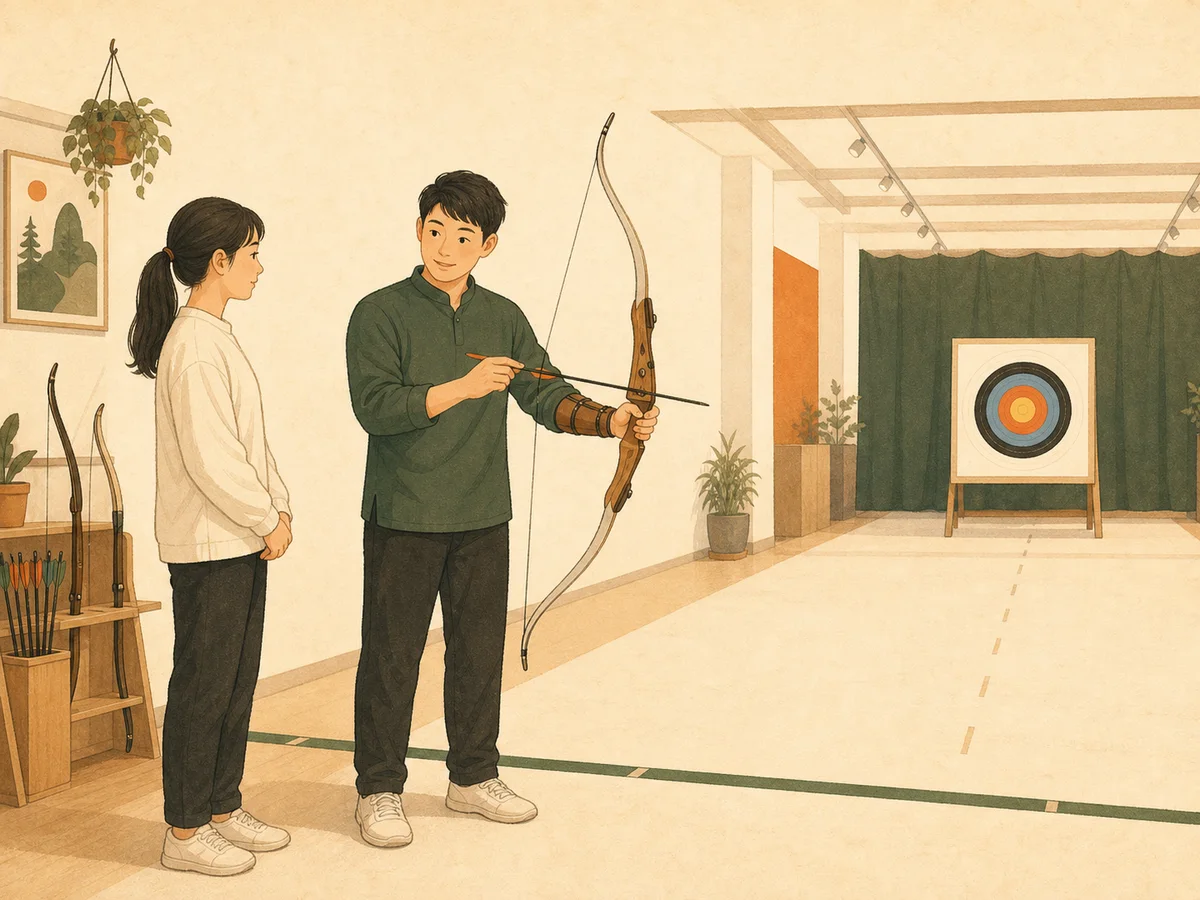 AI 插畫：教練向新手說明射道安全與基本操作