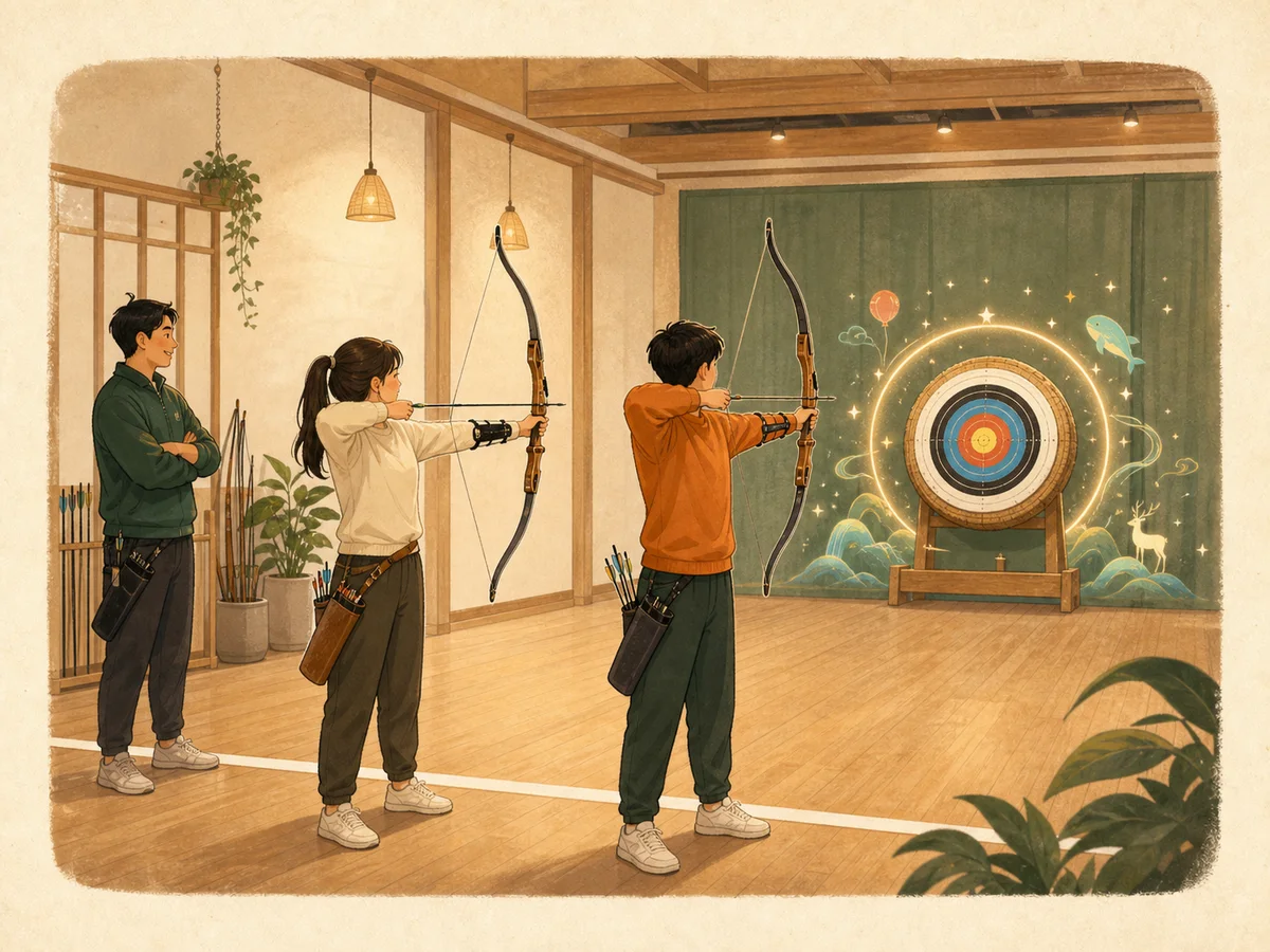 AI 插畫：學員自由練習並挑戰射箭遊戲